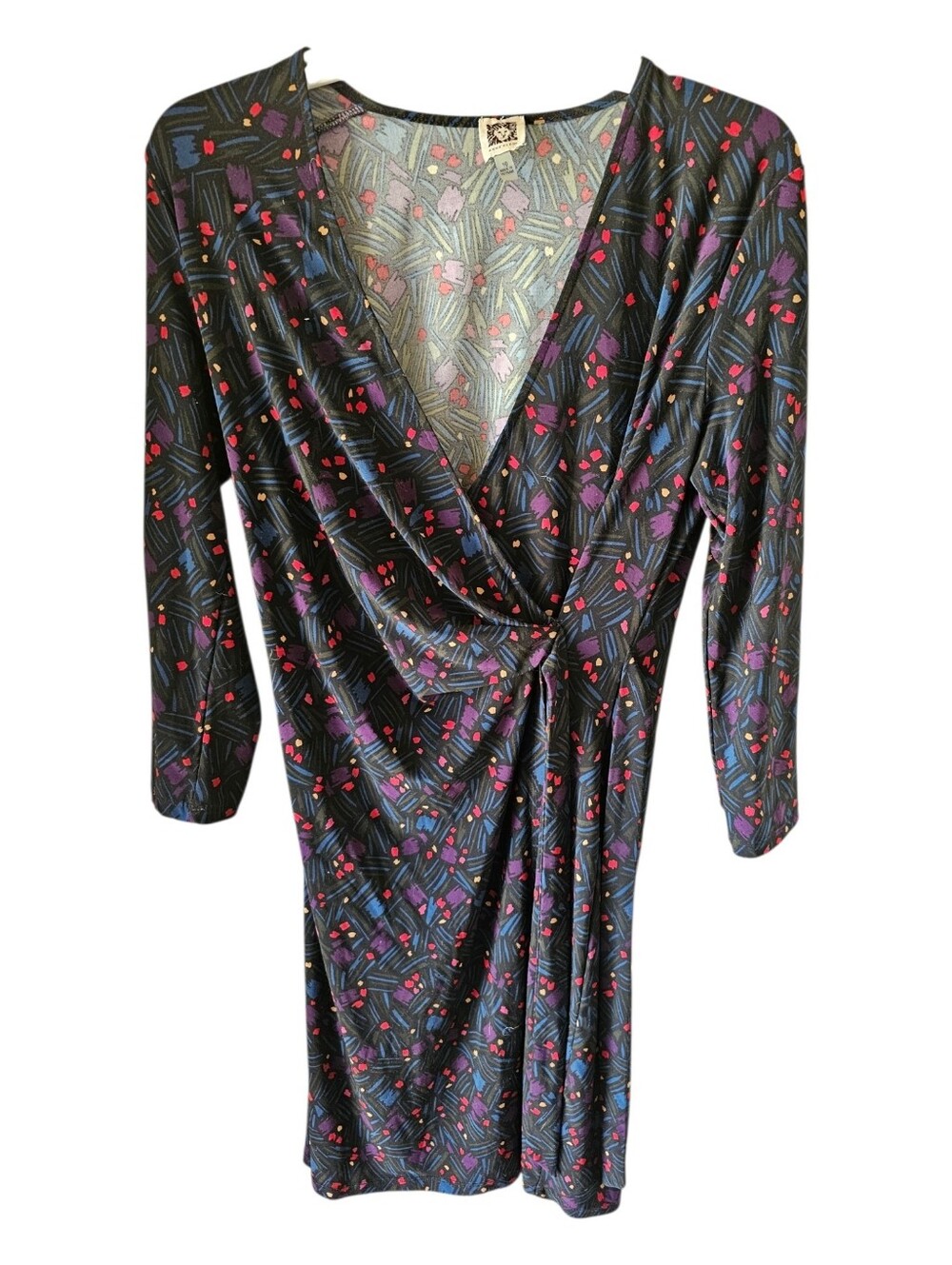 Anne Klein Abstract Printed Faux Wrap Dress 3/4 Sleeve Multi-Color Size 10